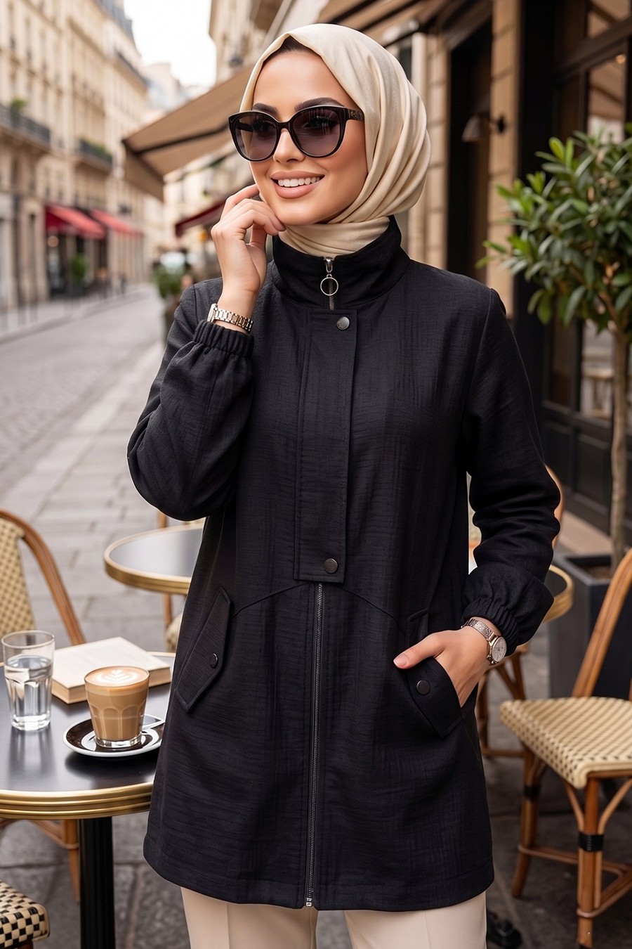 Fermuarlı Siyah Tesettür Tunik 15291S