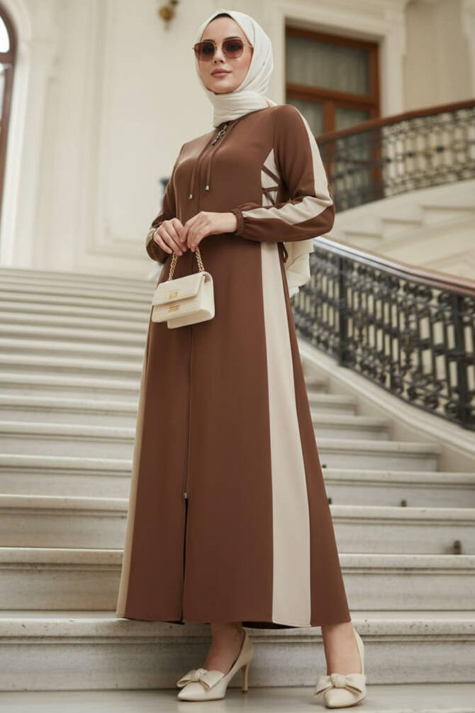 Fermuarlı Taba Tesettür Ferace 45308TB - 1