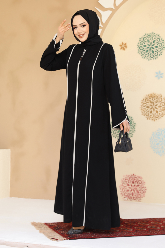 Biyeli Siyah Tesettür Abaya 45300S - 2