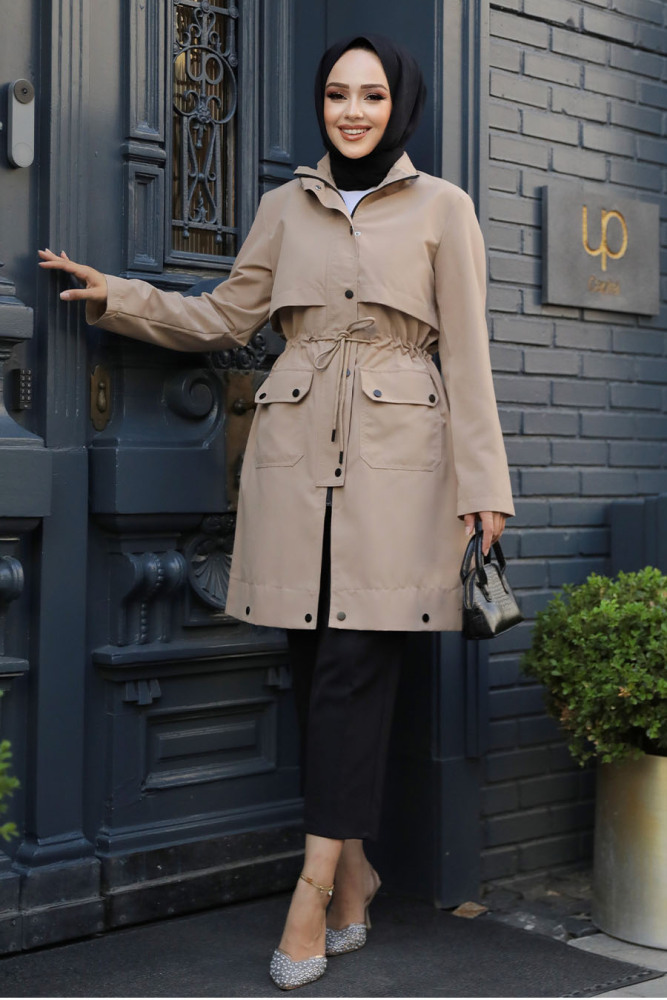 Fermuarlı Vizon Tesettür Trençkot 19025V - NEVA STYLE