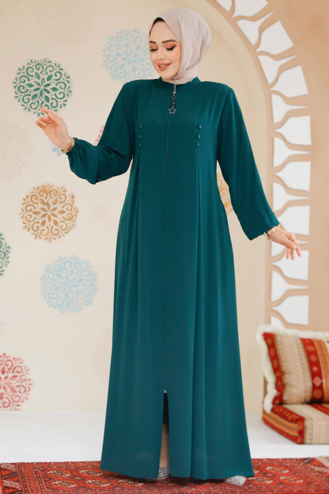 Fermuarlı Zümrüt Yeşili Tesettür Abaya 45282ZY - 1