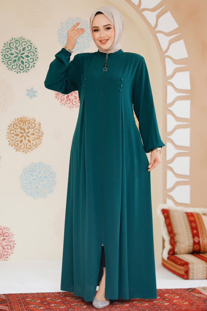 Fermuarlı Zümrüt Yeşili Tesettür Abaya 45282ZY - 2