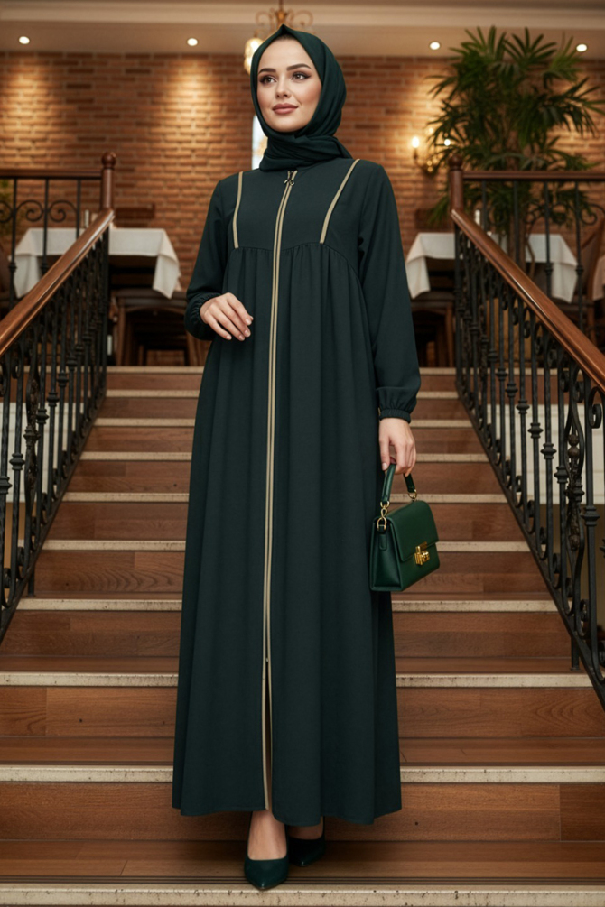 Fermuarlı Zümrüt Yeşili Tesettür Ferace 45318ZY - N.S NEVA STYLE