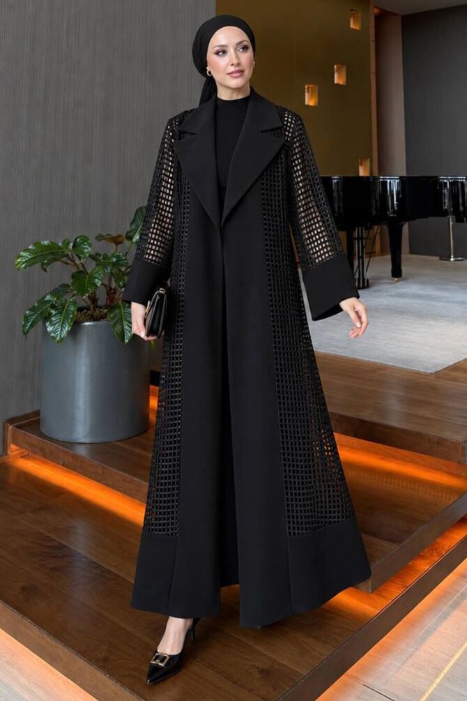 File Detaylı Kuşaklı Siyah Tesettür Abaya 6320S - 1