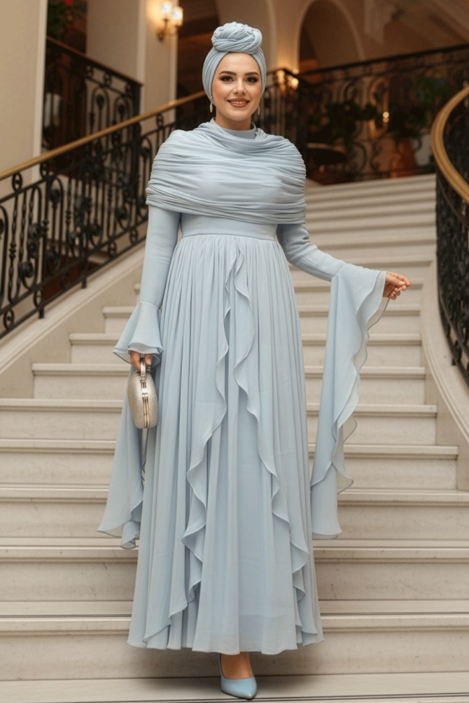 Fırfır Detaylı Bebek Mavisi Tesettür Abiye Elbise 53981BM - 1