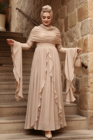 Fırfır Detaylı Bej Tesettür Abiye Elbise 53981BEJ - 1