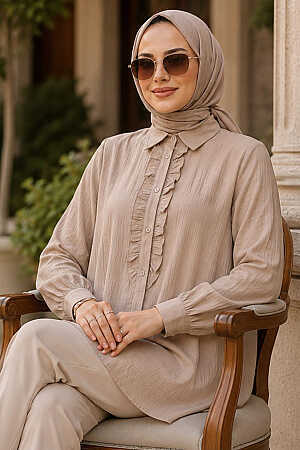 Fırfır Detaylı Bej Tesettür Gömlek 10931BEJ - N.S NEVA STYLE