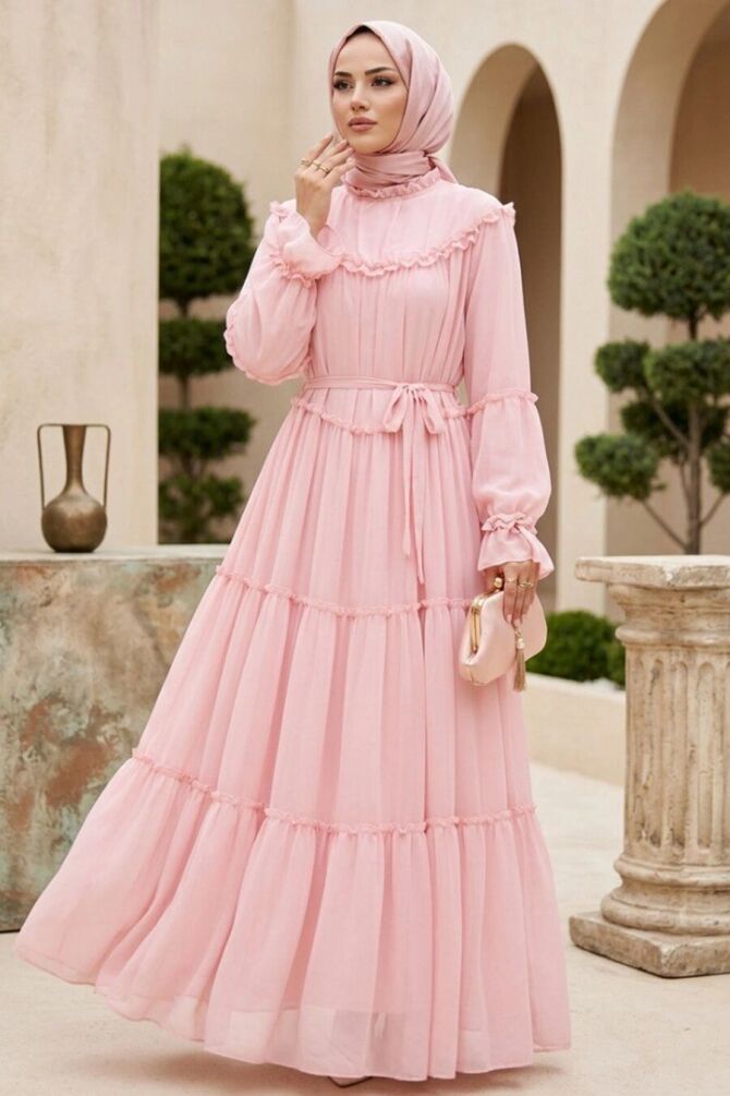 Fırfır Detaylı Beli Bağlamalı Pembe Tesettür Elbise 2479P - 1