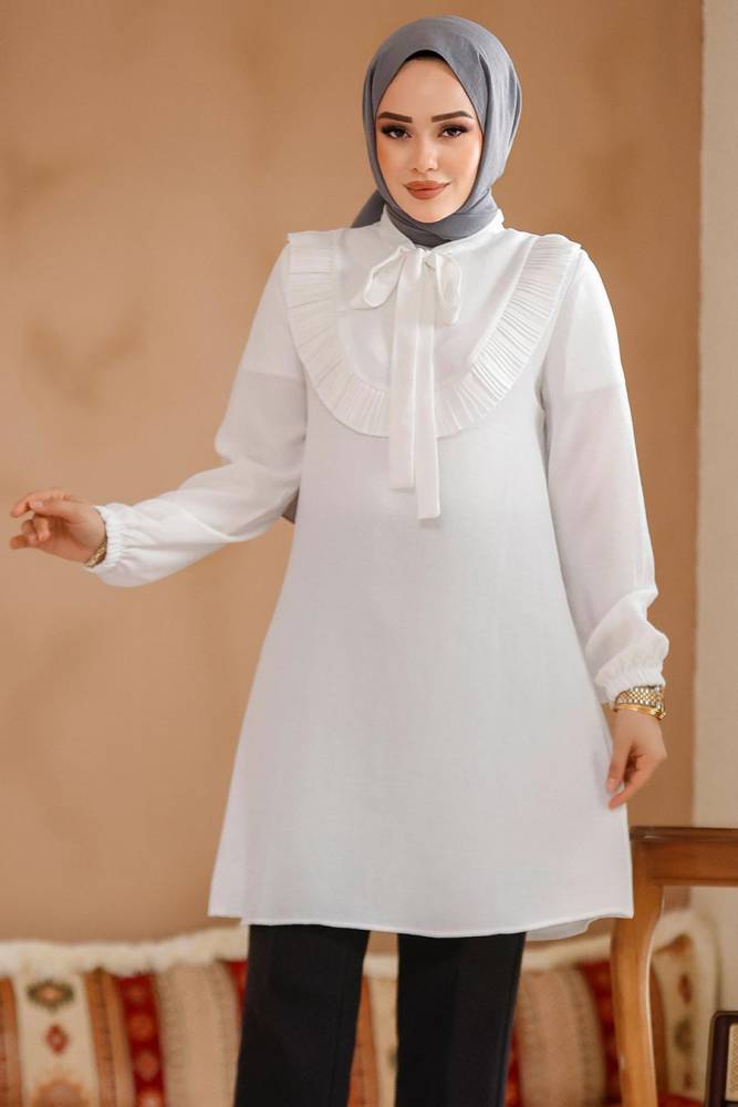 Fırfır Detaylı Beyaz Tesettür Tunik 6682B - 2