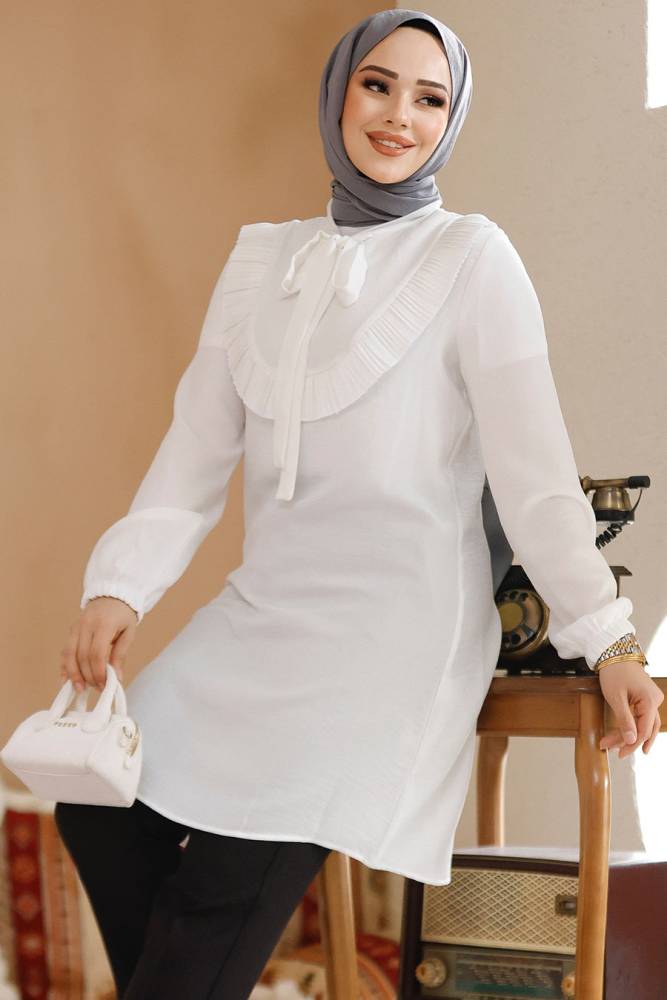 Fırfır Detaylı Beyaz Tesettür Tunik 6682B - 3