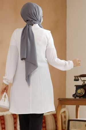 Fırfır Detaylı Beyaz Tesettür Tunik 6682B - 4
