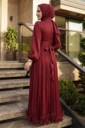 Fırfır Detaylı Bordo Tesettür Abiye Elbise 48231BR - 2