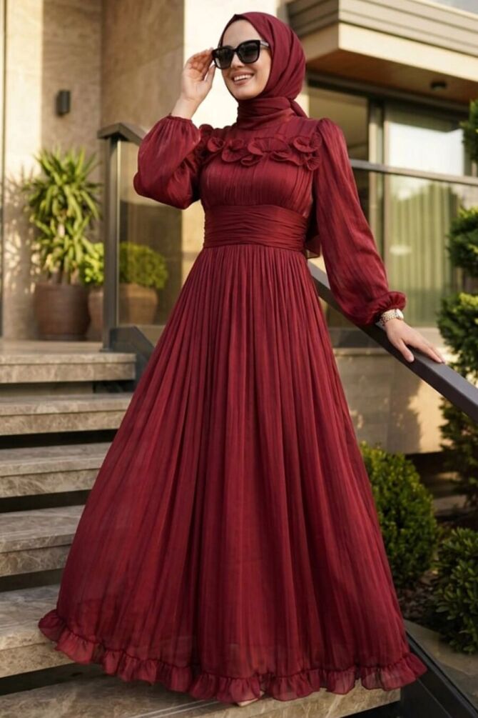 Fırfır Detaylı Bordo Tesettür Abiye Elbise 48231BR - 1