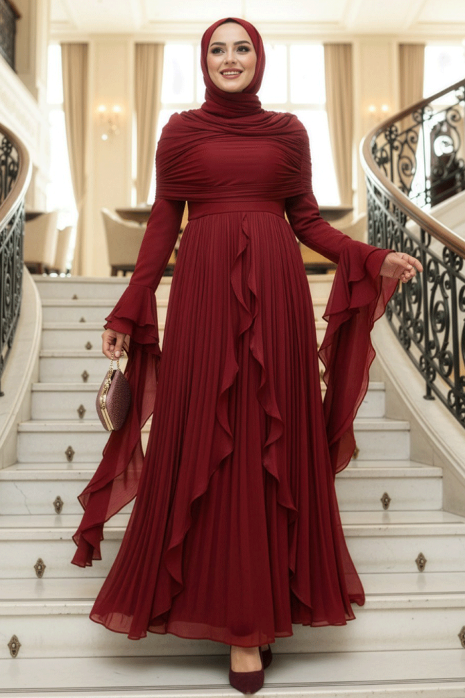 Fırfır Detaylı Bordo Tesettür Abiye Elbise 53981BR - 1