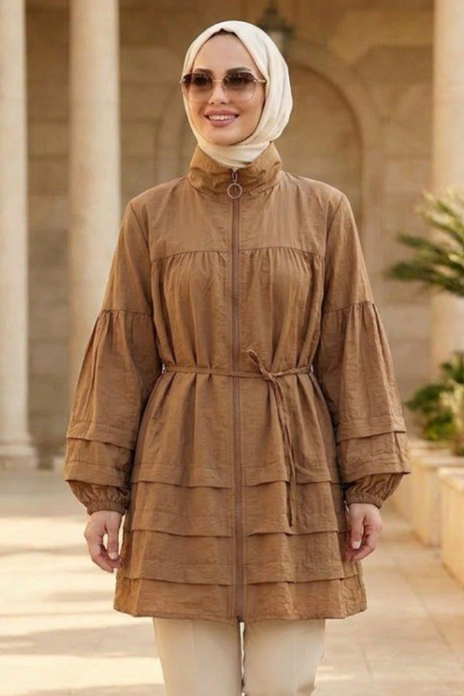 Fırfır Detaylı Camel Fermuarlı Tesettür Tunik 15131C - 1
