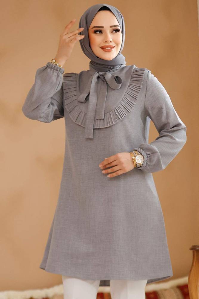 Fırfır Detaylı Gri Tesettür Tunik 6682GR - 1