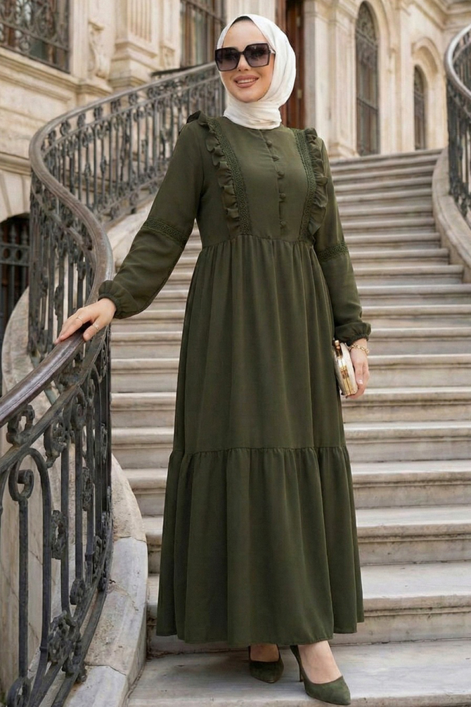 Fırfır Detaylı Haki Tesettür Elbise 10318HK - N.S NEVA STYLE