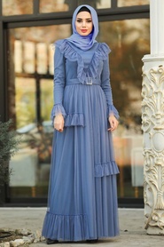 Fırfır Detaylı İndigo Mavisi Tesettür Abiye Elbise 2134IM - Thumbnail