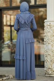 Fırfır Detaylı İndigo Mavisi Tesettür Abiye Elbise 2134IM - Thumbnail