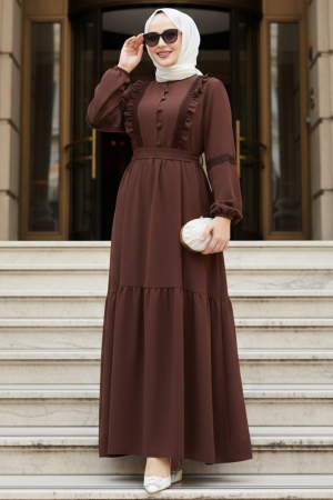 Fırfır Detaylı Kahverengi Tesettür Elbise 10318KH - 1