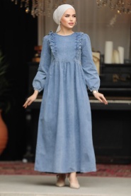 Fırfır Detaylı Kot Mavi Tesettür Elbise 19104M - Thumbnail