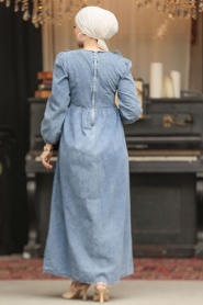Fırfır Detaylı Kot Mavi Tesettür Elbise 19104M - Thumbnail