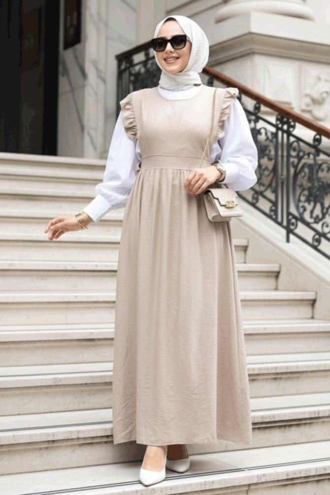 Fırfır Detaylı Koyu Bej Tesettür Jile Elbise 17051KBEJ - NEVA STYLE