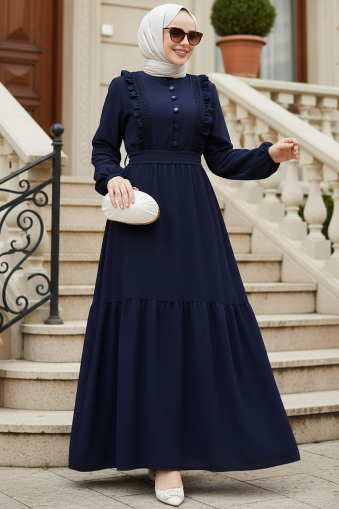 Fırfır Detaylı Lacivert Tesettür Elbise 10318L - N.S NEVA STYLE