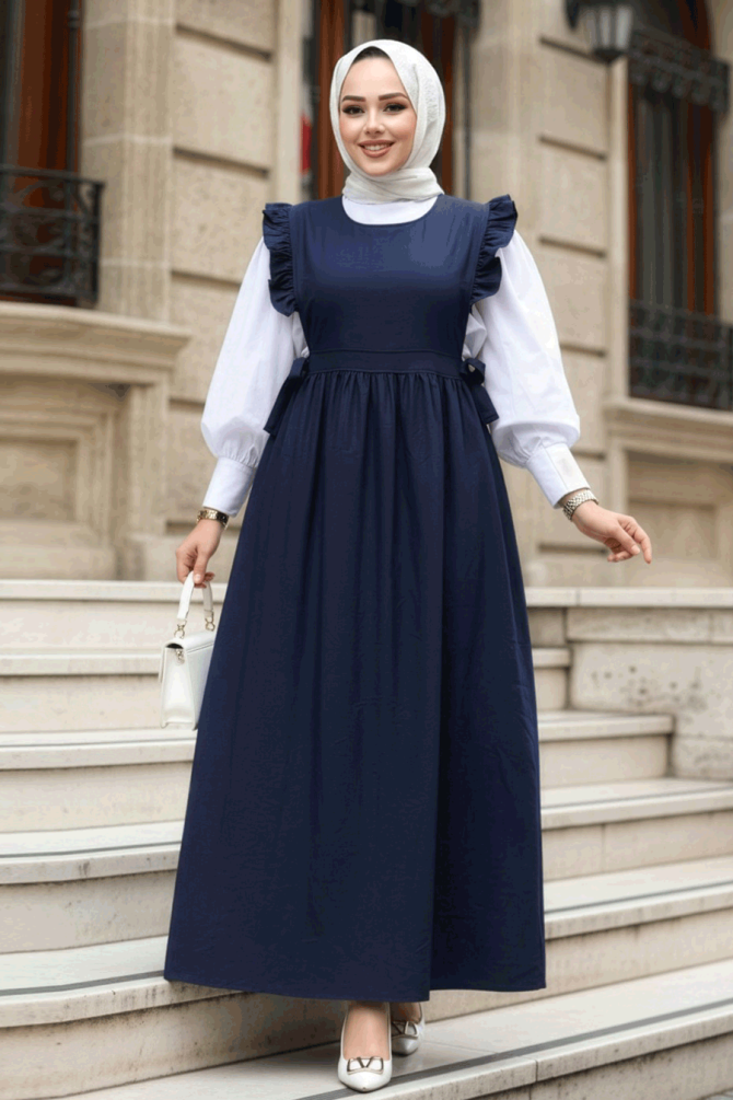 Fırfır Detaylı Lacivert Tesettür Jile Elbise 17051L - NEVA STYLE