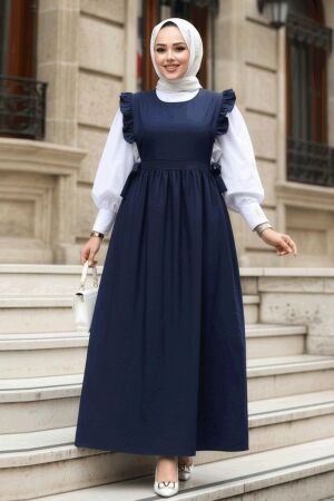 Fırfır Detaylı Lacivert Tesettür Jile Elbise 17051L - NEVA STYLE