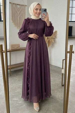 Fırfır Detaylı Mürdüm Tesettür Abiye Elbise 45881MU 
