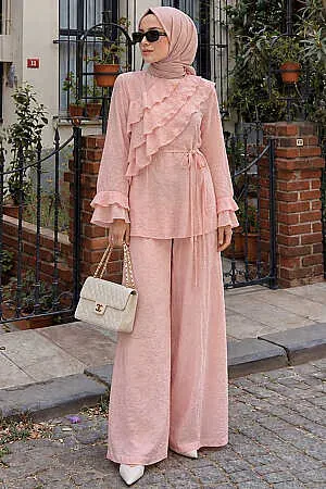 Fırfır Detaylı Pembe Tesettür Takım 26156P - 1