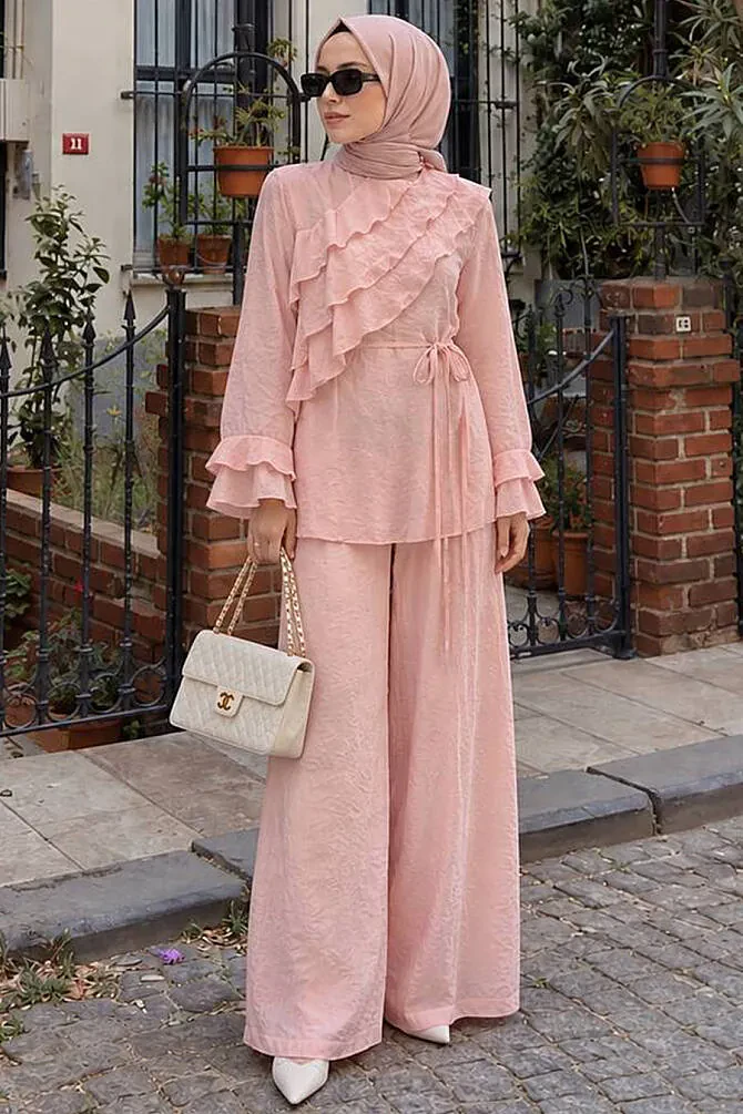 Fırfır Detaylı Pembe Tesettür Takım 26156P - 1