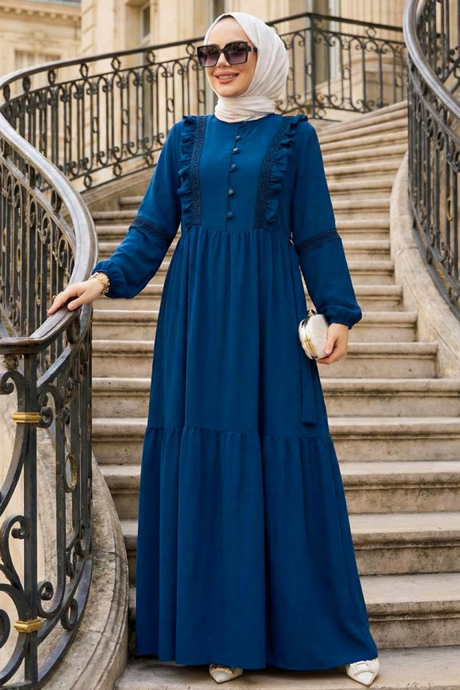 Fırfır Detaylı Petrol Mavisi Tesettür Elbise 10318PM - N.S NEVA STYLE