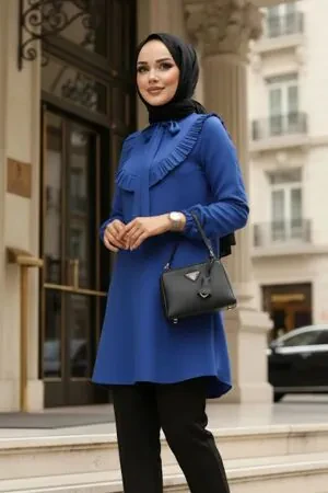 Fırfır Detaylı Sax Mavisi Tesettür Tunik 6682SX 