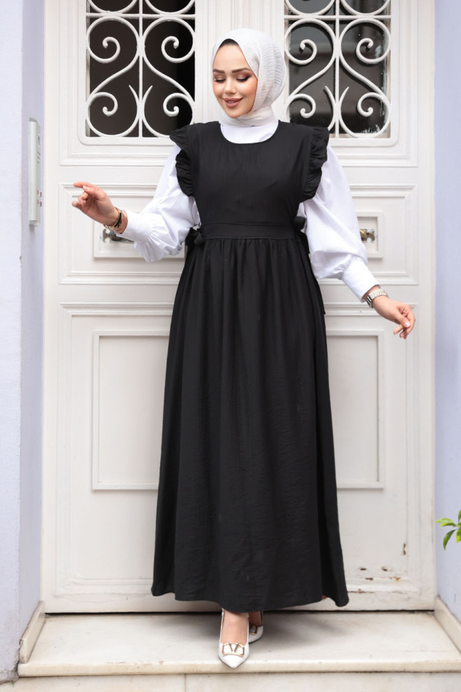 Fırfır Detaylı Siyah Tesettür Jile Elbise 17051S - NEVA STYLE