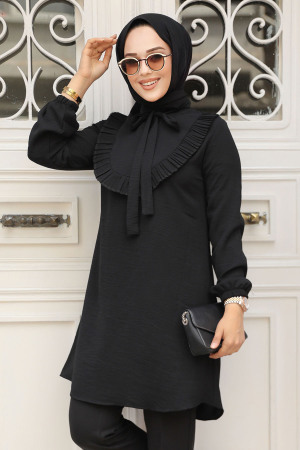 Fırfır Detaylı Siyah Tesettür Tunik 6682S - NEVA STYLE