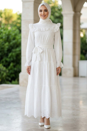 Fırfır Yaka Kuşaklı Fisto Beyaz Tesettür Elbise 50281B 