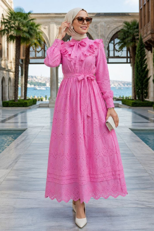 Fırfır Yaka Kuşaklı Fisto Pembe Tesettür Elbise 50164P 