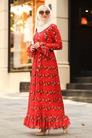 Fırfırlı Kırmızı Tesettür Elbise 1393K - Thumbnail