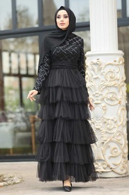 Fırfırlı Siyah Tesettür Abiye Elbise 8667S - Thumbnail