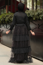 Fırfırlı Siyah Tesettür Elbise 8600S - Thumbnail