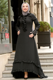 Fırfırlı Siyah Tesettür Elbise 196712S - Thumbnail