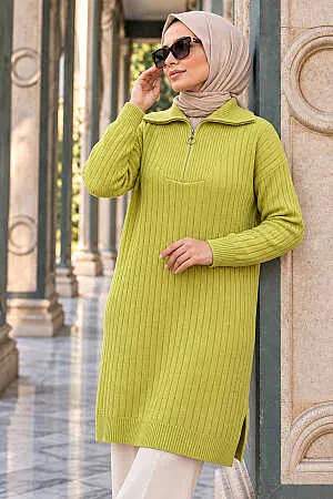 Fitilli Açık Sarı Tesettür Triko Kazak Tunik 85521ASR 