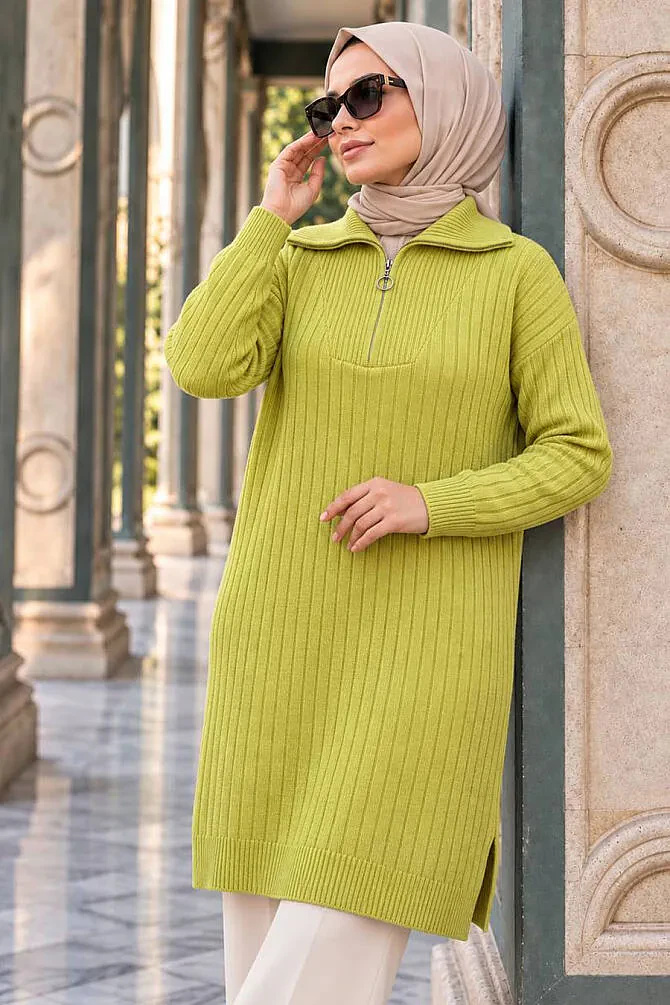Fitilli Açık Sarı Tesettür Triko Kazak Tunik 85521ASR - 1