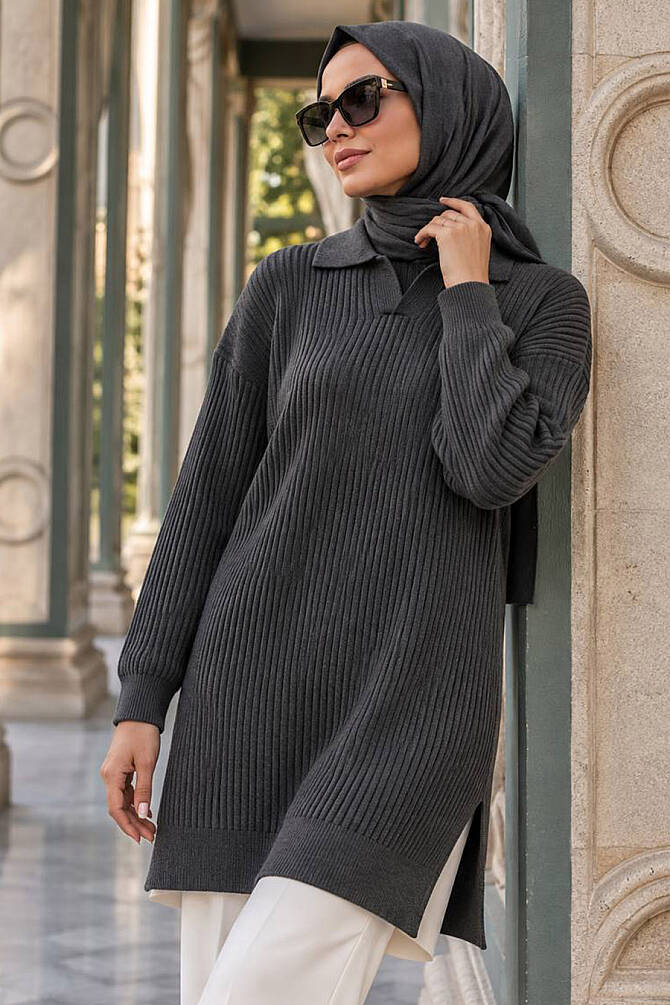 Fitilli Antrasit Tesettür Triko Kazak Tunik 65903ANT - 1