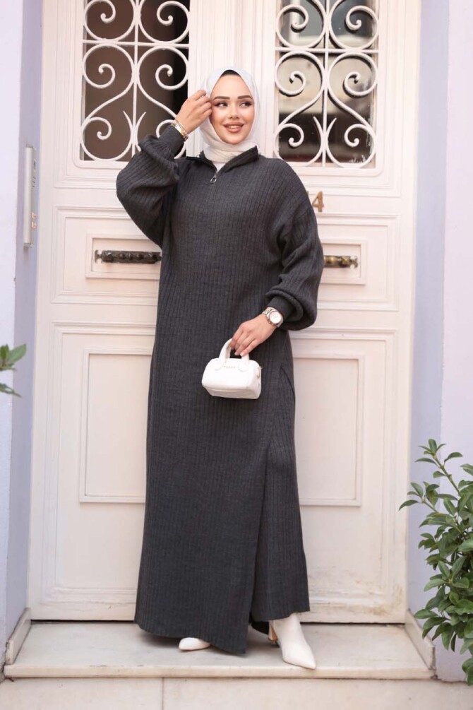 Fitilli Antrasit Triko Tesettür İkili Takım 17207ANT - N.S NEVA STYLE