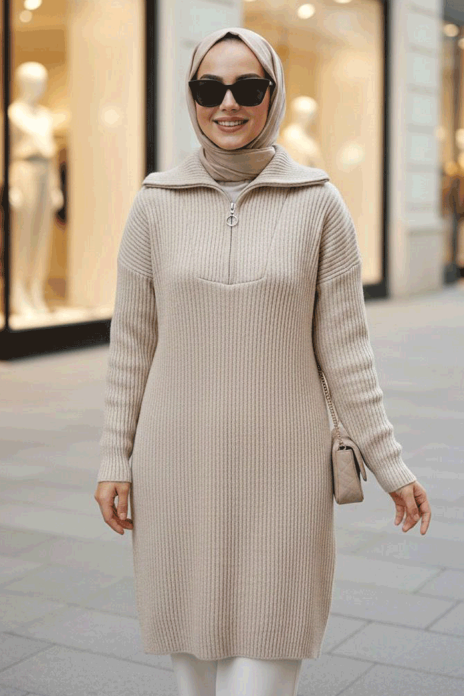 Fitilli Bej Tesettür Triko Kazak Tunik 85521BEJ - 1