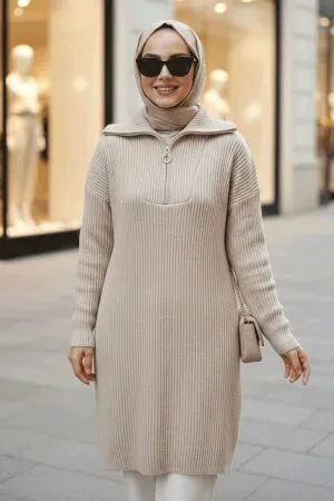 Fitilli Bej Tesettür Triko Kazak Tunik 85521BEJ 