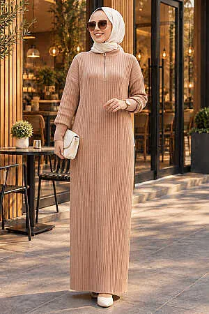 Fitilli Bisküvi Tesettür Triko Elbise 60481BS 